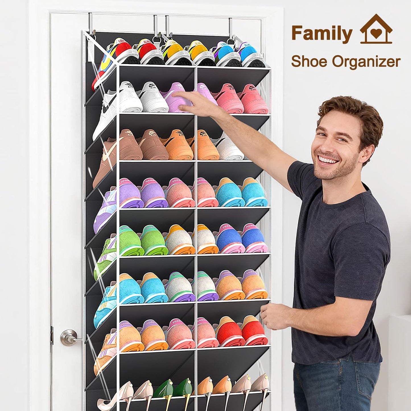 UVIAHOMI 20-30 Pairs Over the Door Shoe Organizer, Clear Pockets Hanging Shoe Storage for Closet, 10-Tier Door Shoes Rack, Handing Shoes Holder Fit All the Family's Sneakers, Boots, Heels, White
