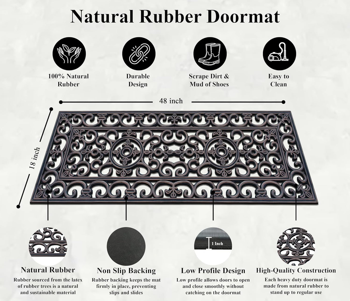 A1HC Outdoor Doormat, Natural Rubber, 18" x48”, Ideal for Outside entryway,Dirt Shoe Scraper,Heavy Duty Door mat for Indoor Outdoor,Rug Mats for Entry,Patio, Welcome Mats