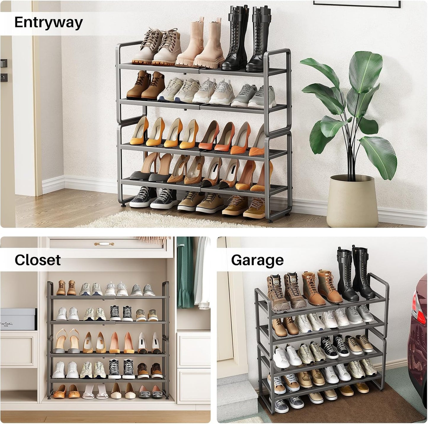 SNTD Shoe Rack - Expandable Shoe Organizer for Closet, Adjustable Metal Shoe Shelf Storage, Stackable Long Shoe Stand Holder for Garage, Entryway, Door Entrance (Black, 2-Tier)