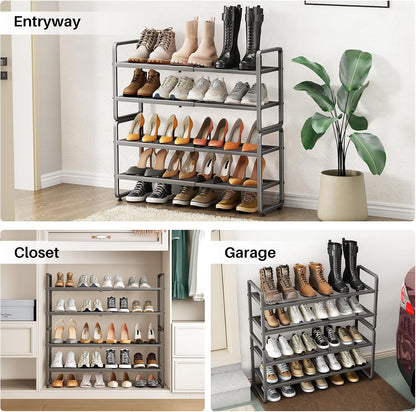 SNTD Shoe Rack - Expandable Shoe Organizer for Closet, Adjustable Metal Shoe Shelf Storage, Stackable Long Shoe Stand Holder for Garage, Entryway, Door Entrance (Black, 2-Tier)