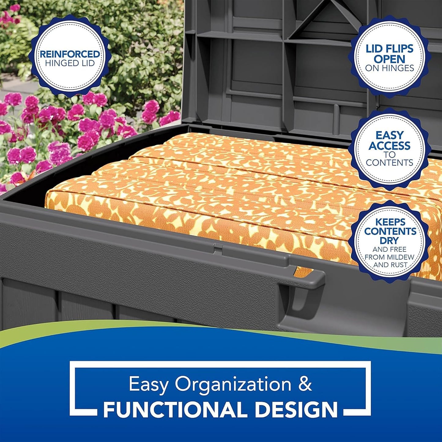 Suncast 50 Gallon Medium Capacity All Weather Construction Resin Outdoor Storage Deck Box with Arched Lid for Patio, Garden, or Pool, Peppercorn