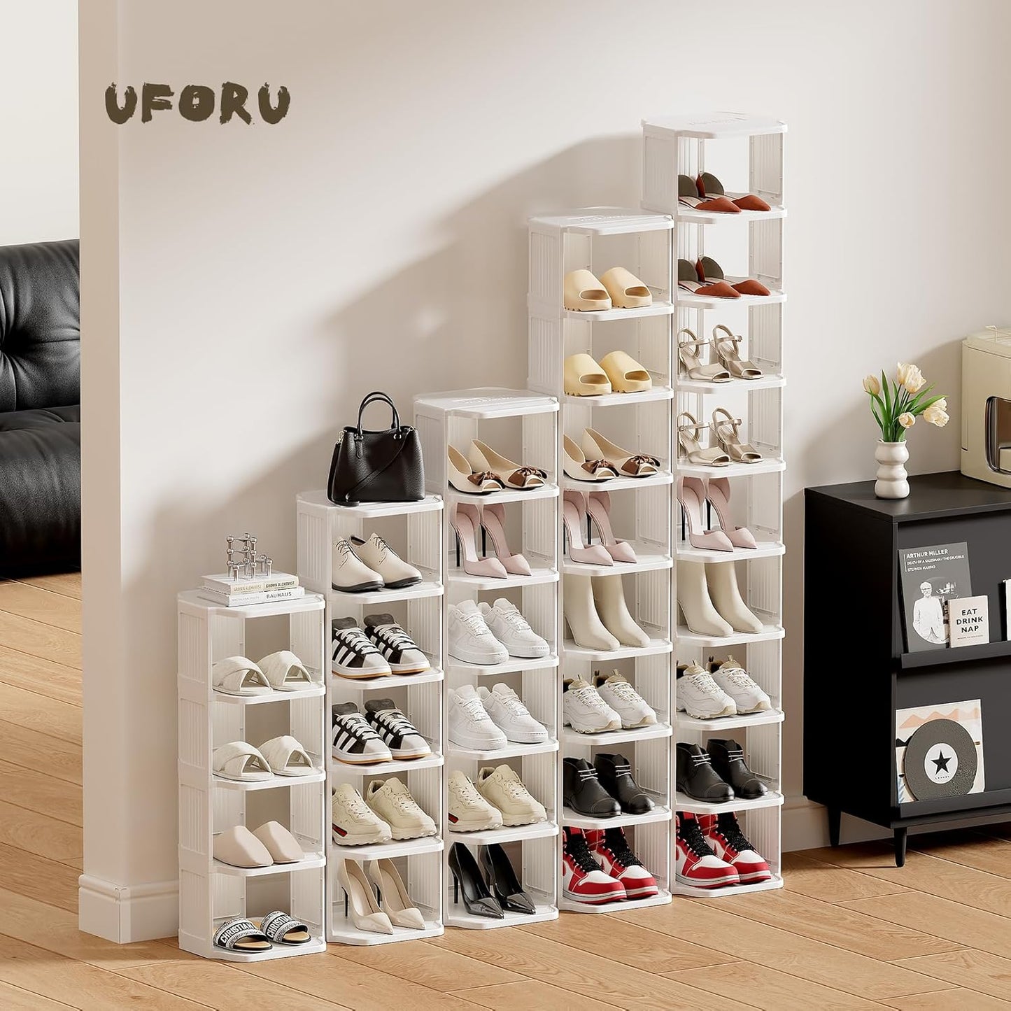 UFORU Small Shoe Rack, 5 Tier Plastic Vertical Shoe Rack for Small and Narrow Spaces, Free Standing Shoe Organizer for Closet, Entryway