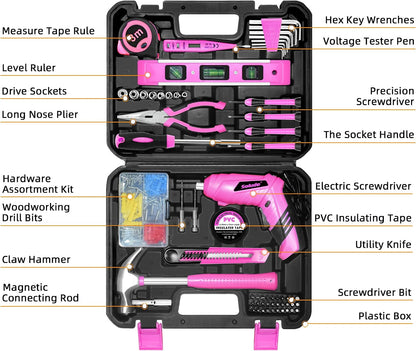 Pink Tool Set for Women,130 Piece Home Tool Kit for Women with 3.6V Cordless Rechargeable Screwdriver,Basic Household Tool Kit Set for New Home,Apartment,College Dorm & DIY Projects