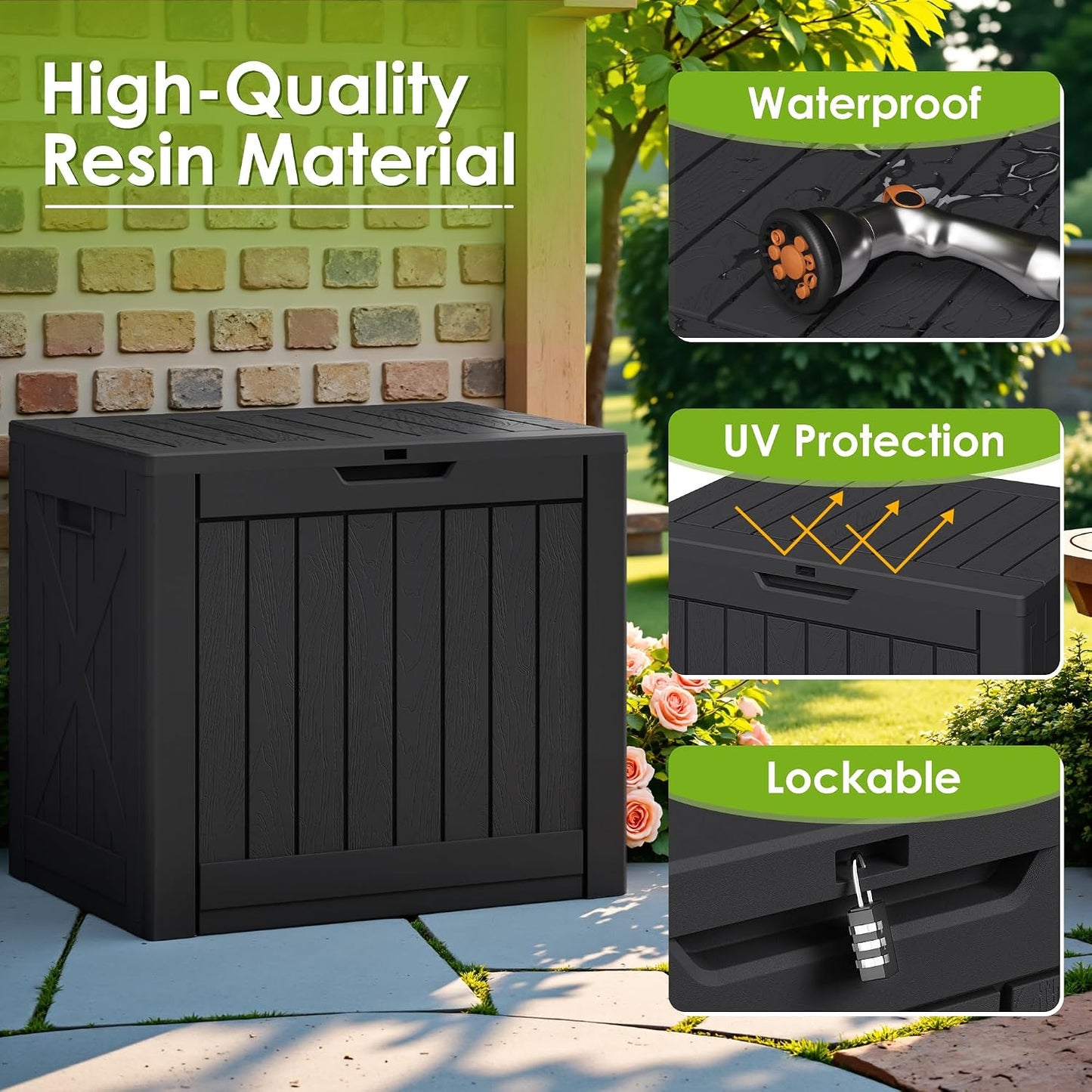 Greesum Outdoor Storage Box 31 Gallon Storage Box with Lid for Patio Furniture, Garden Tools, Pool Supplies, Waterproof and UV Resistant, Lockable, Dark Black
