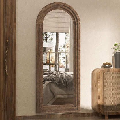 71x32 Inch Arched Full Length Mirror with Solid Wood Frame Wall Mounted Floor Mirror, Vertical Hanging Leaning Standing Mirror for Living Room, Bedroom, Entryway, Brown