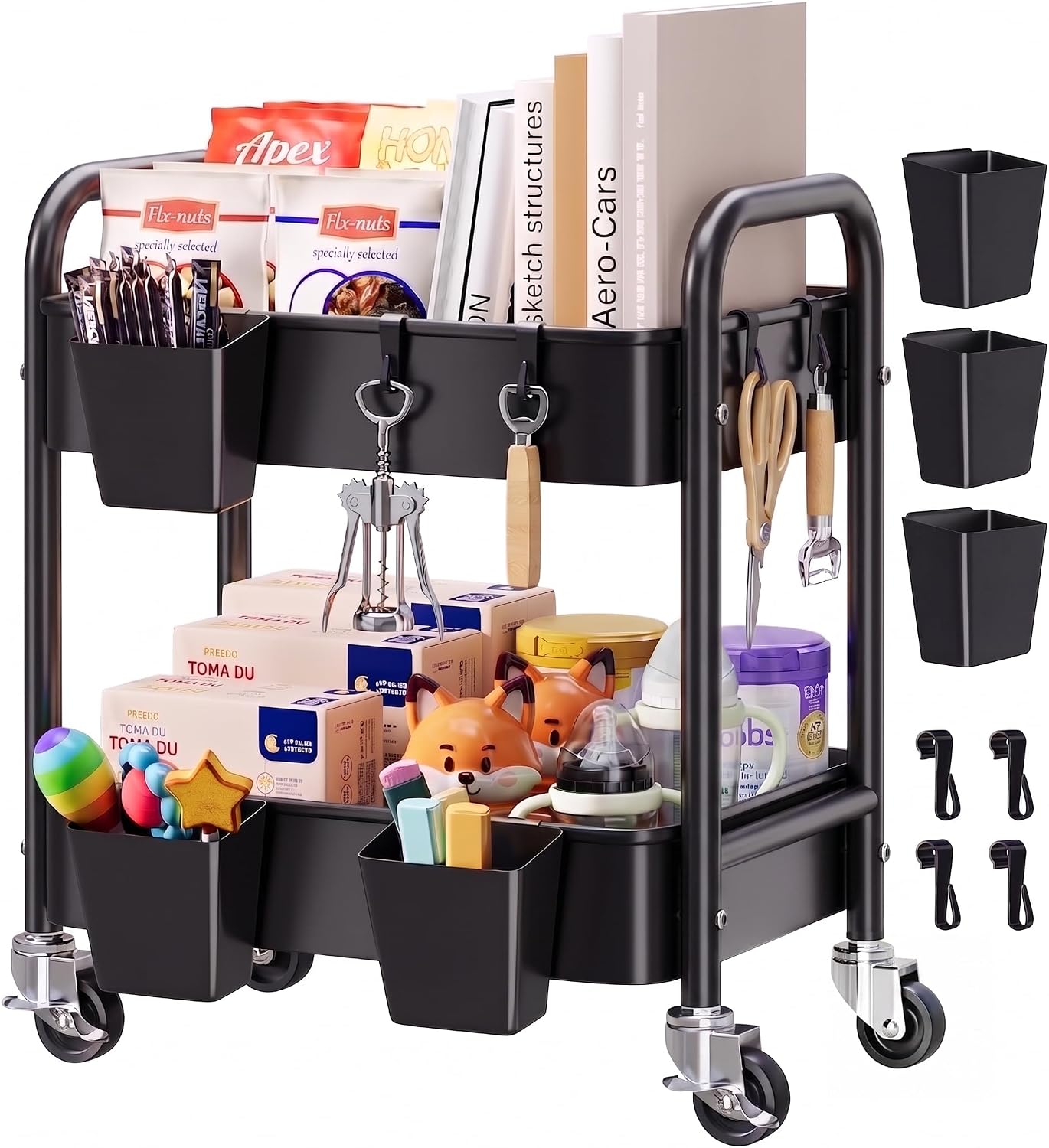 2 Tier Small Rolling Cart Metal with Wheels, White Under Desk Storage Cart on Wheels, Short Utility Roller Caddy Carts Organizer for Art,Craft,Pantry,Bathroom, Two Tiered Shelf Trolley,22 Inches Tall