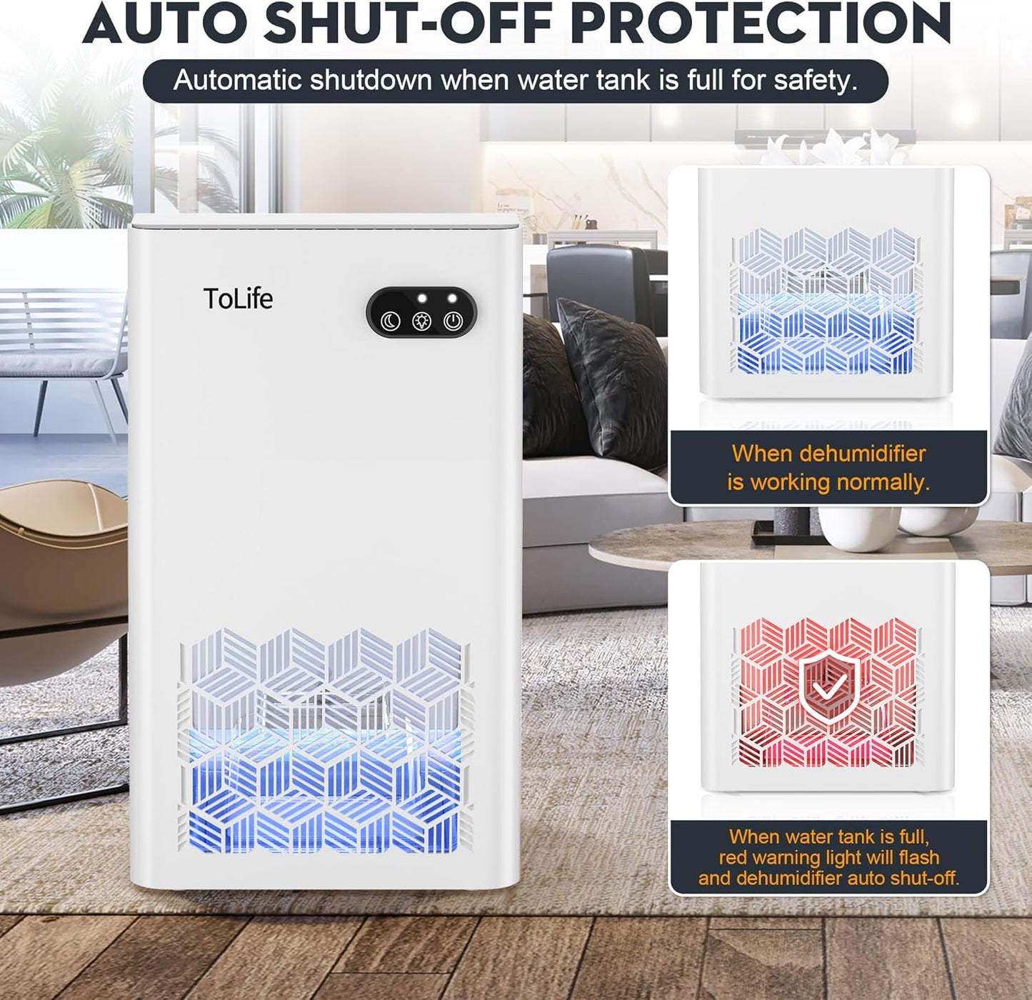 ToLife Dehumidifier for Home 95 OZ Water Tank, 1000 sq.ft Dehumidifiers for Basement Bedroom Bathroom with Auto Shut Off 7 Colors LED Light, Grey