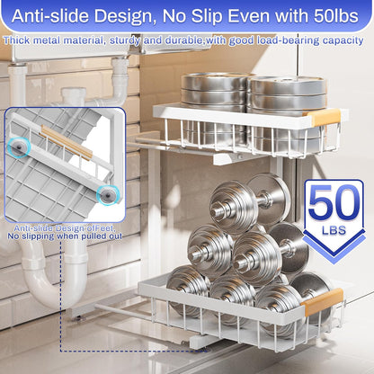 ADBIU Under Sink Organizer 2 Pack, Adjustable Height (11"-15.75") Under Cabinet Storage, 2 Tier Pull Out Sliding Drawers for Kitchen Bathroom, Heavy Duty Metal Shelf, White