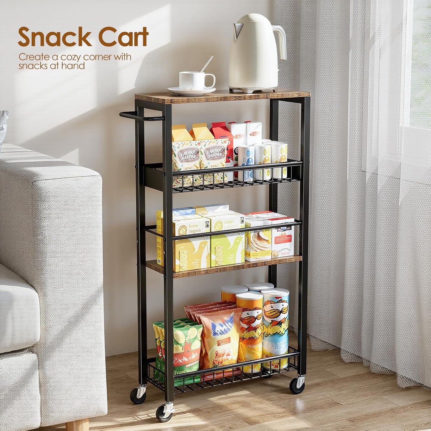 Slim Storage Rolling Cart, 4 Tier Narrow Cart with Wheels, Metal Kitchen Rolling Cart for Small Spaces, Slide Out Storage Shelves for Kitchen, Laundry Room, Bathroom, Living Room, 7.1in(W)