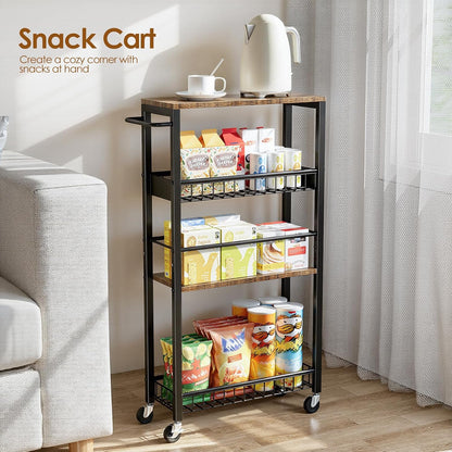 Slim Storage Rolling Cart, 4 Tier Narrow Cart with Wheels, Metal Kitchen Rolling Cart for Small Spaces, Slide Out Storage Shelves for Kitchen, Laundry Room, Bathroom, Living Room, 7.1in(W)