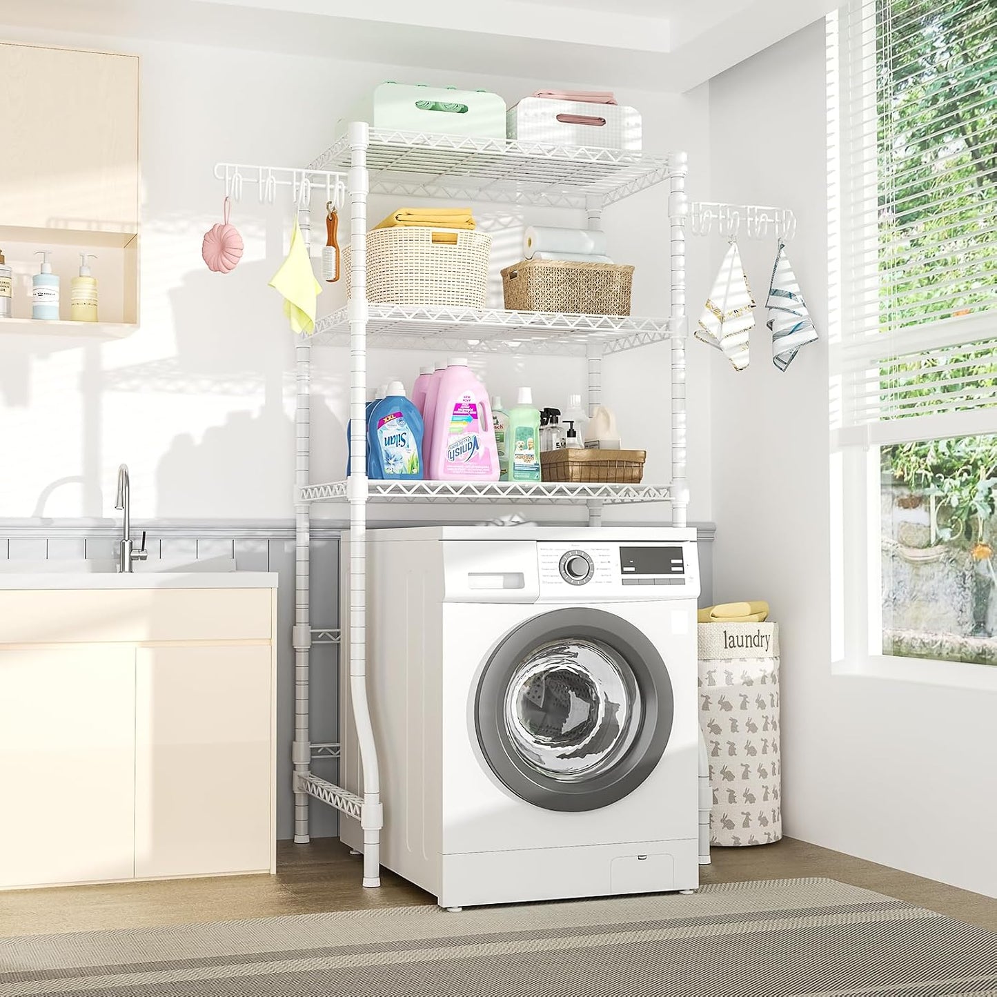 Ulif U8 Mini Laundry Room Storage Organizer, Over the Washer and Dryer Storage Shelves for Laundry Organization, 29.5”W x 17.3”D x 76.2”H, Suit Washing Machine Width within 27.1”, Hold 304 lb, Black