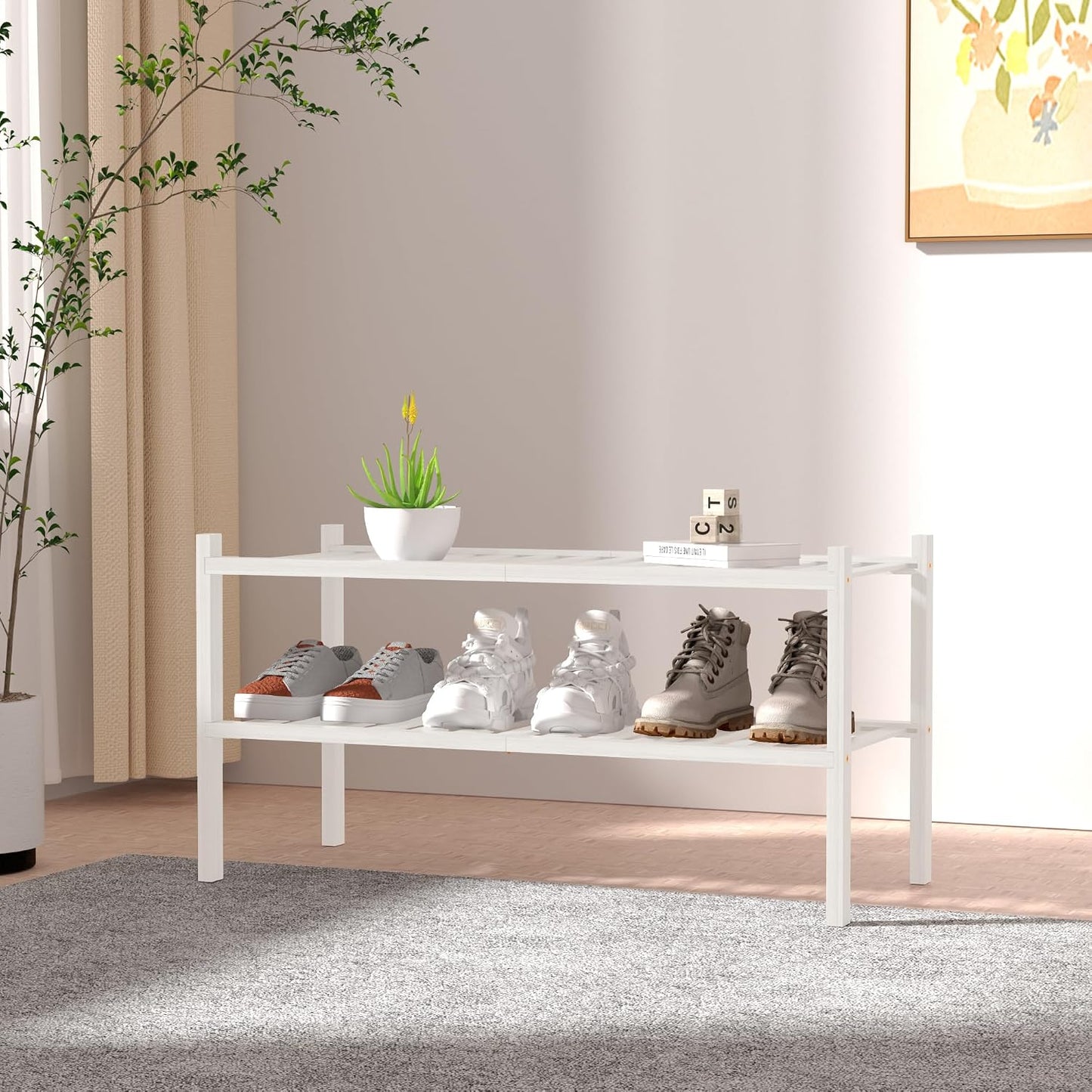 ROMGUAR CRAFT 3 Tier Bamboo Shoe Rack for Closet Free Standing Wood Shoe Shelf Storage Organizer for Entryway Small Space Stackable 27"x11"x20" (Natural)