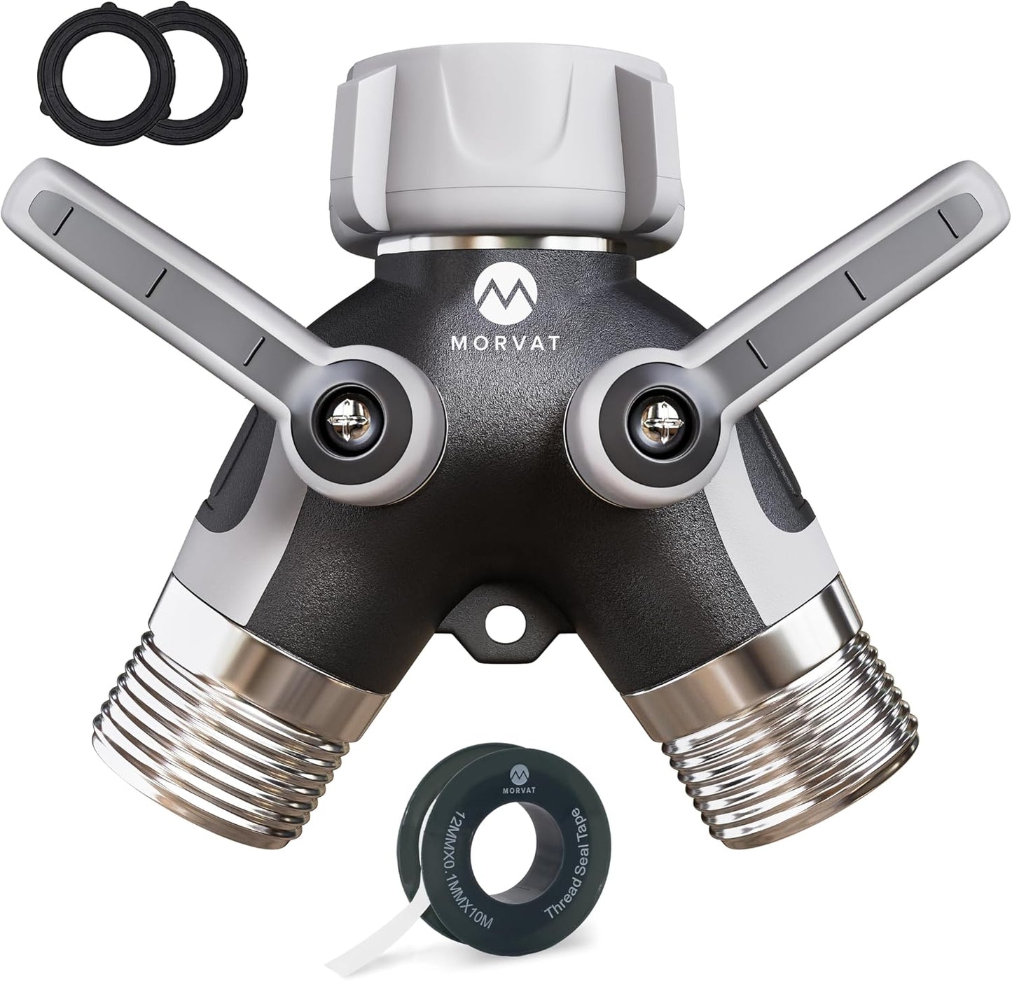 Morvat Heavy Duty Metal & PVC Covered 2 Way Y Splitter Garden Hose Connector with Comfort Grip Shut Off Valves, Adapter for Water Tap, Outlet, & Spigot, Includes 2 Extra Rubber Washers & Teflon Tape