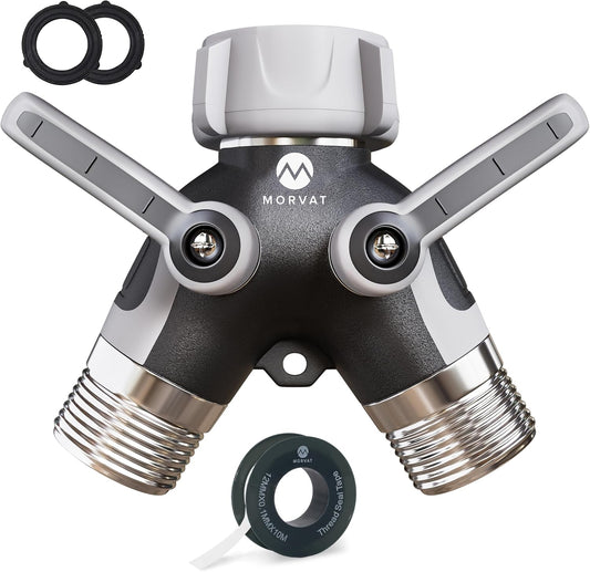 Morvat Heavy Duty Metal & PVC Covered 2 Way Y Splitter Garden Hose Connector with Comfort Grip Shut Off Valves, Adapter for Water Tap, Outlet, & Spigot, Includes 2 Extra Rubber Washers & Teflon Tape