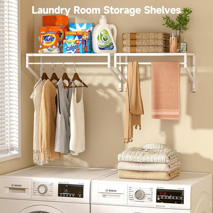ThreeHio Expandable Closet Shelves Wall Mounted, 2 Pack Closet Shelving with Hanging Rods, Wall Shelving for Walk-in Closet, Hanging Shelves Organizer and Storage for Closet, Laundry