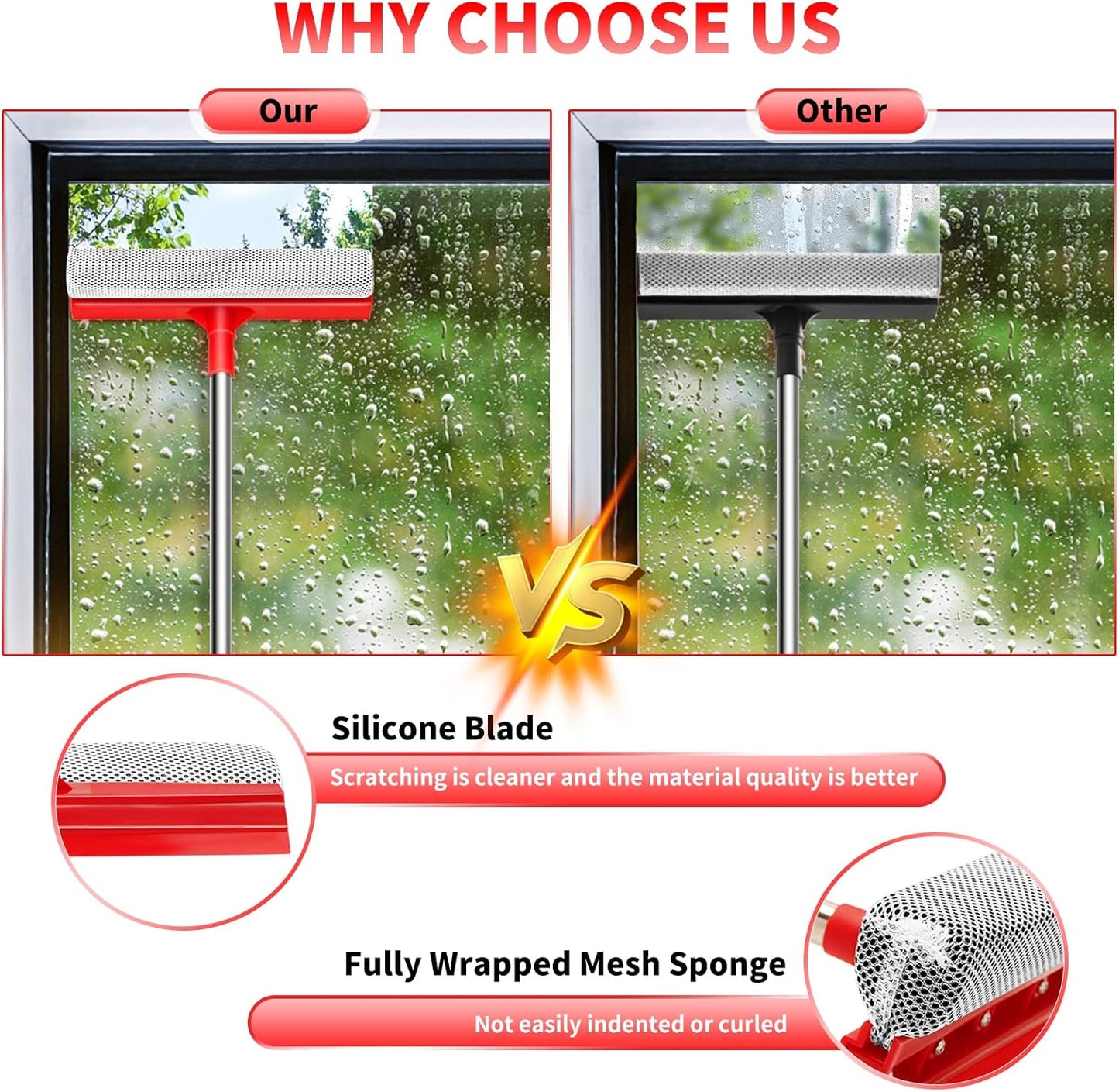 Window Squeegee with 18.5"-28.5" Retractable Handle, 2-in-1 Squeegee for Window Cleaning Tool for Cars, Trucks, Glass Doors, Shower, Outdoor Windows – Window Cleaner (Red)