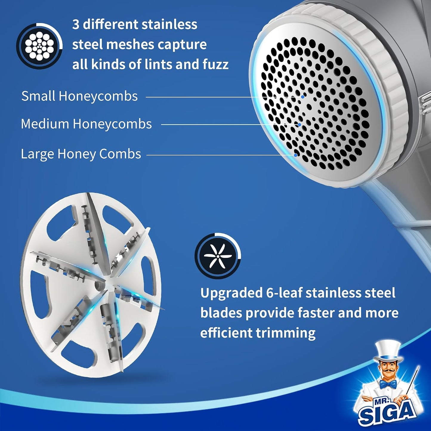 MR.SIGA Fabric Shaver and Lint Remover, Battery Operated Portable Lint Shaver with LED Lights, 2 Replaceable 6-Leaf Blades, Cream/Gray