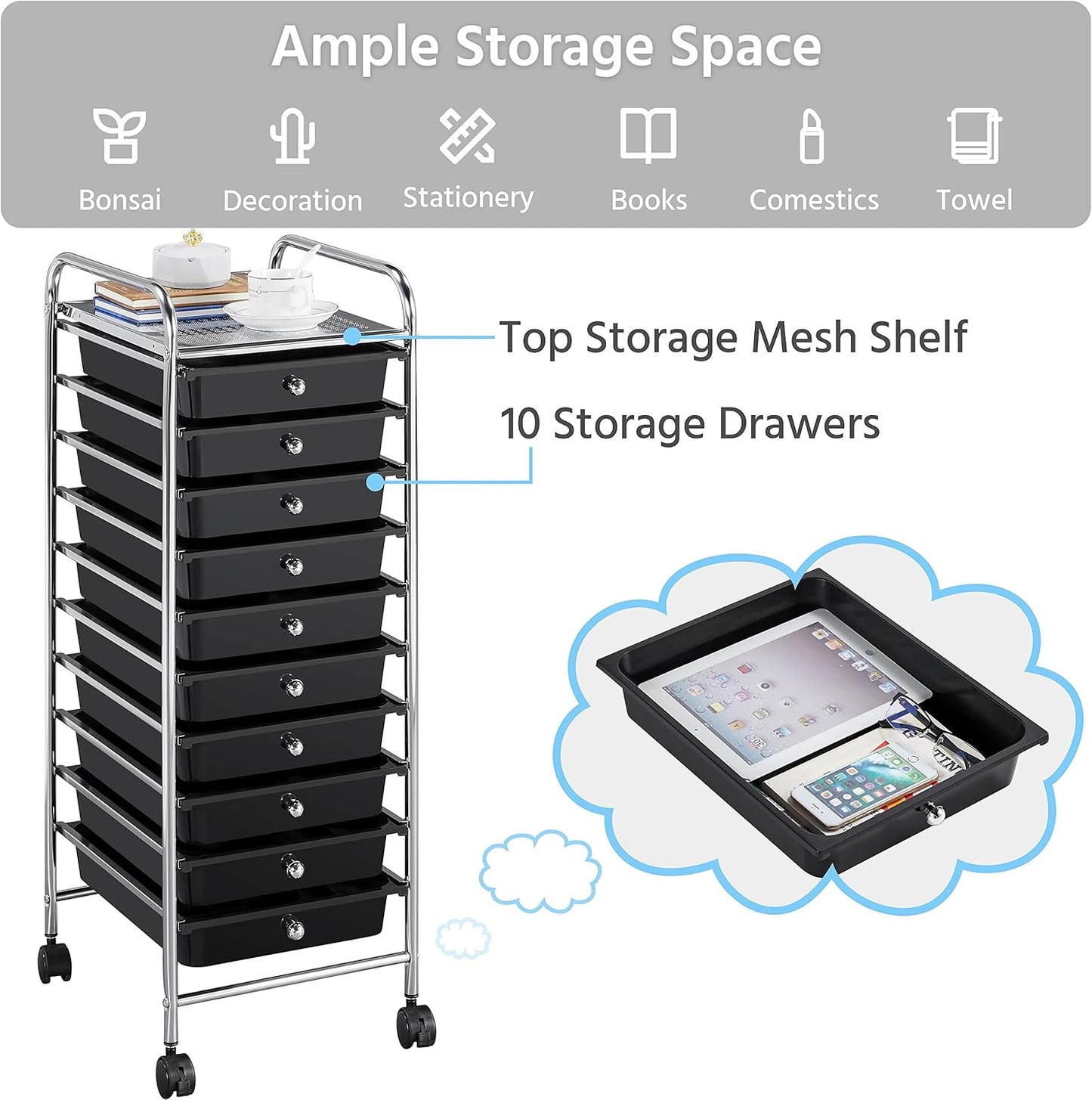 Yaheetech 4-Drawer Rolling Storage Cart with Wheels, Slim Organizer, Black | Four drawers plus a top shelf organize craft to bath gear; slim chrome-steel frame, plastic bins, locking wheels, easy setup.
