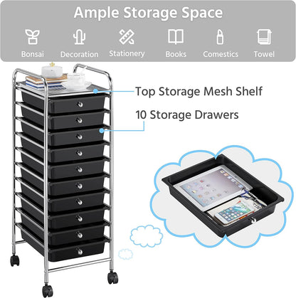 Yaheetech 4-Drawer Rolling Storage Cart with Wheels, Slim Organizer, Black | Four drawers plus a top shelf organize craft to bath gear; slim chrome-steel frame, plastic bins, locking wheels, easy setup.