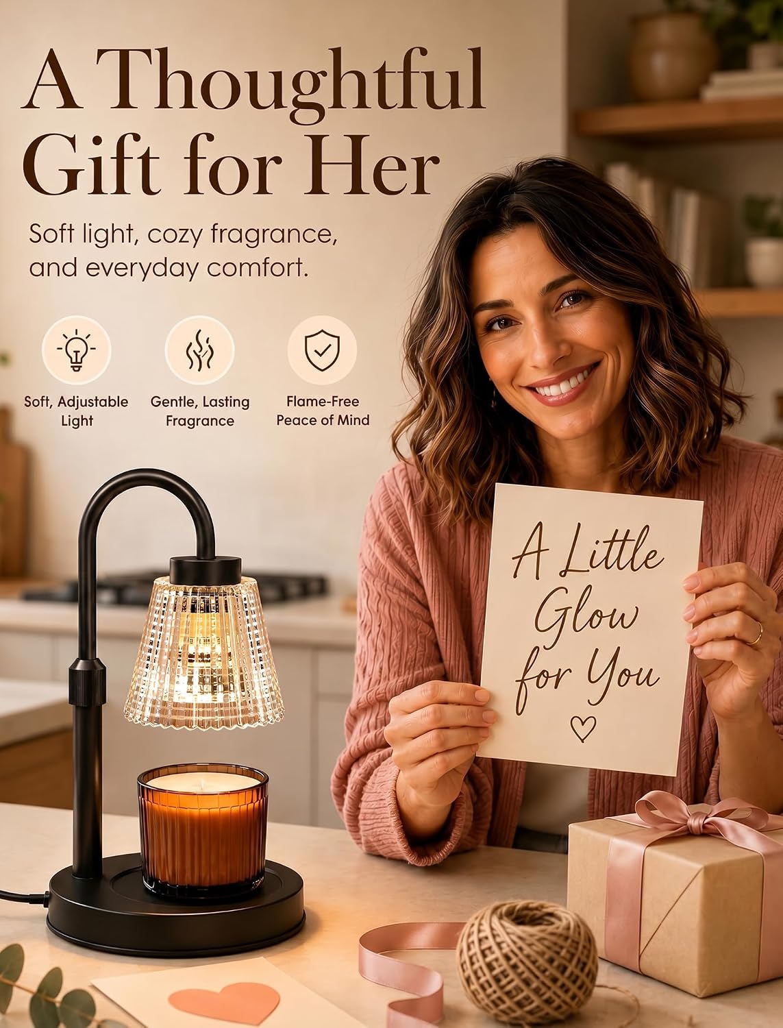 Girece Candle Warmer Lamp with Timer and Dimmer, Adjustable Height Electric Candle Warmer for Jar Candles, 2 Bulbs, Birthday Gifts for Women, Modern Home Decor Housewarming Gifts New Home
