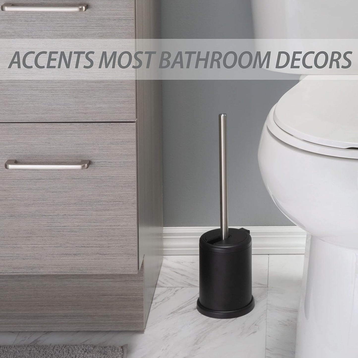 Bath Bliss Toilet Brush and Holder | Self Closing Lid | 360 Degree Brush Head | Bathroom Cleaning | Compact Size | Storage and Organization | Stainless Steel