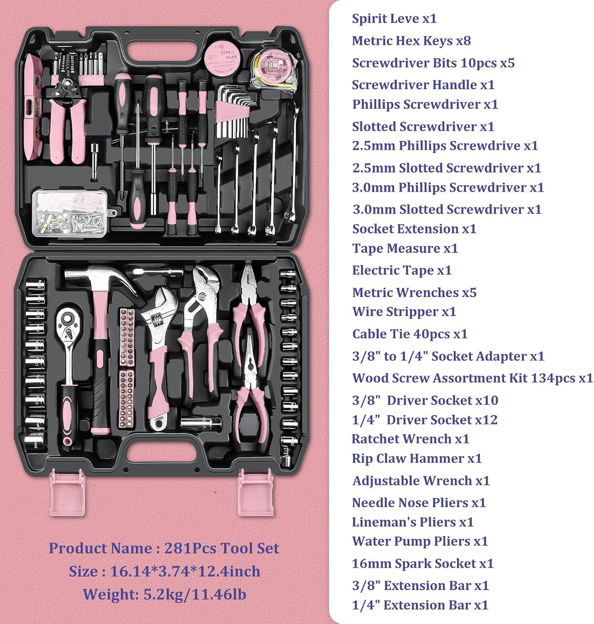 Sundpey Home Tool Kit 281-PCs - Portable Complete Basic Repair General Hand Tool Sets for Men Women - Full Tool Set with Socket Wrench Set & Screwdriver Set & Metric Hex Key & Pliers & Tool Box Case