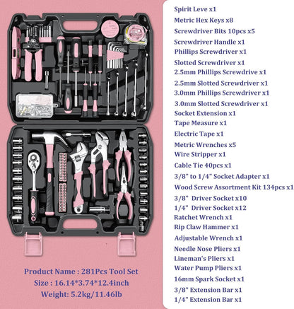 Sundpey Home Tool Kit 281-PCs - Portable Complete Basic Repair General Hand Tool Sets for Men Women - Full Tool Set with Socket Wrench Set & Screwdriver Set & Metric Hex Key & Pliers & Tool Box Case
