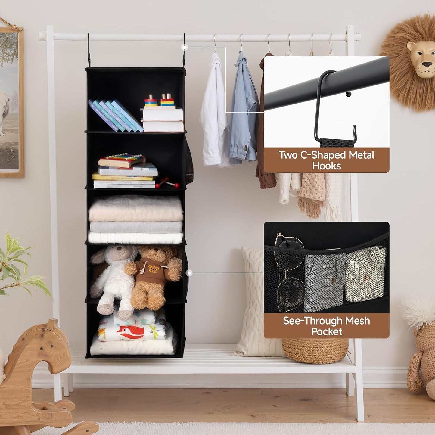 StorageWorks 6-Shelf Hanging Closet Organizer, Hanging Shelves for Closet, Fabric, Mixing of Beige, White & Ivory, 12" D x 12" W x 47 1⁄2" H