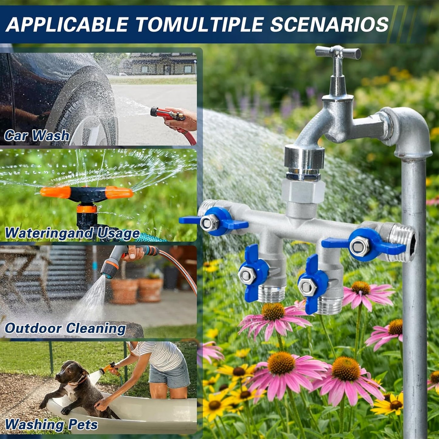 304 Stainless Steel Garden Hose Splitter 2 Way, Heavy Duty 3/4" GHT Y Hose Splitter with Shut-Off Valves, Full Flow Outdoor Faucet Connector with Wrench