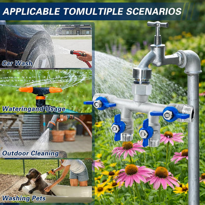 304 Stainless Steel Garden Hose Splitter 2 Way, Heavy Duty 3/4" GHT Y Hose Splitter with Shut-Off Valves, Full Flow Outdoor Faucet Connector with Wrench