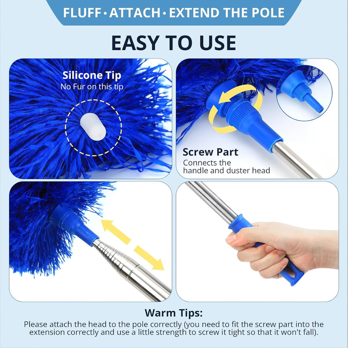ZZ LAZYCOTTAGE Microfiber Feather Duster for High Reach, Lightweight Ceiling Fan Cleaner, 91.5" Telescopic Pole, Cobweb Duster with Extension Pole for Home & Car