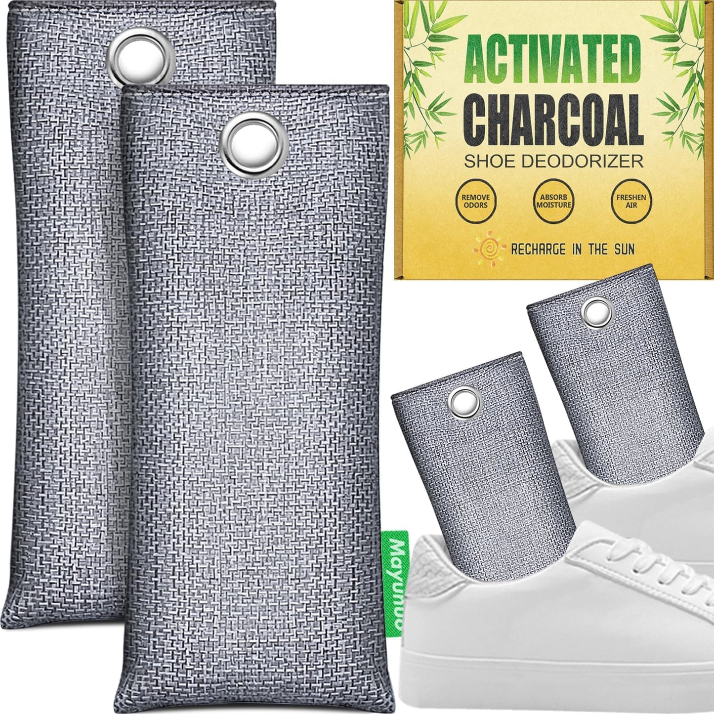 Activated Charcoal Odor Absorber, Natural Shoe Deodorizer Insert, Sneaker Odor Eliminator and Moisture Absorbers. 6 Pack Bamboo Charcoal Air Purifying Bags Shoe Smell Remover