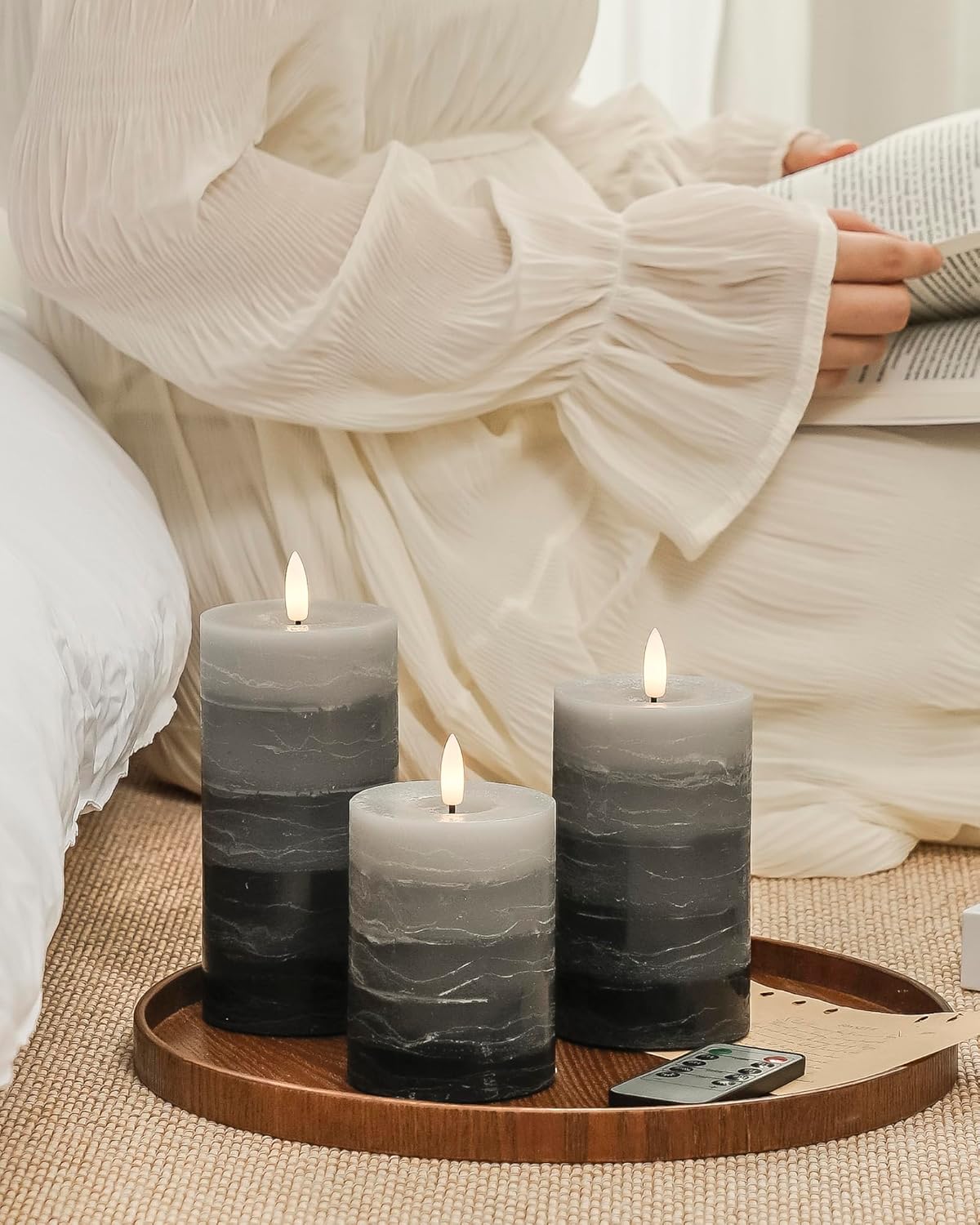 Stmarry White Flameless Candles with Remote and Timer, Real Wax Made LED Pillar Candles Battery Operated with 3D Flickering Flame - 3" x 4",5",6" - Set of 3