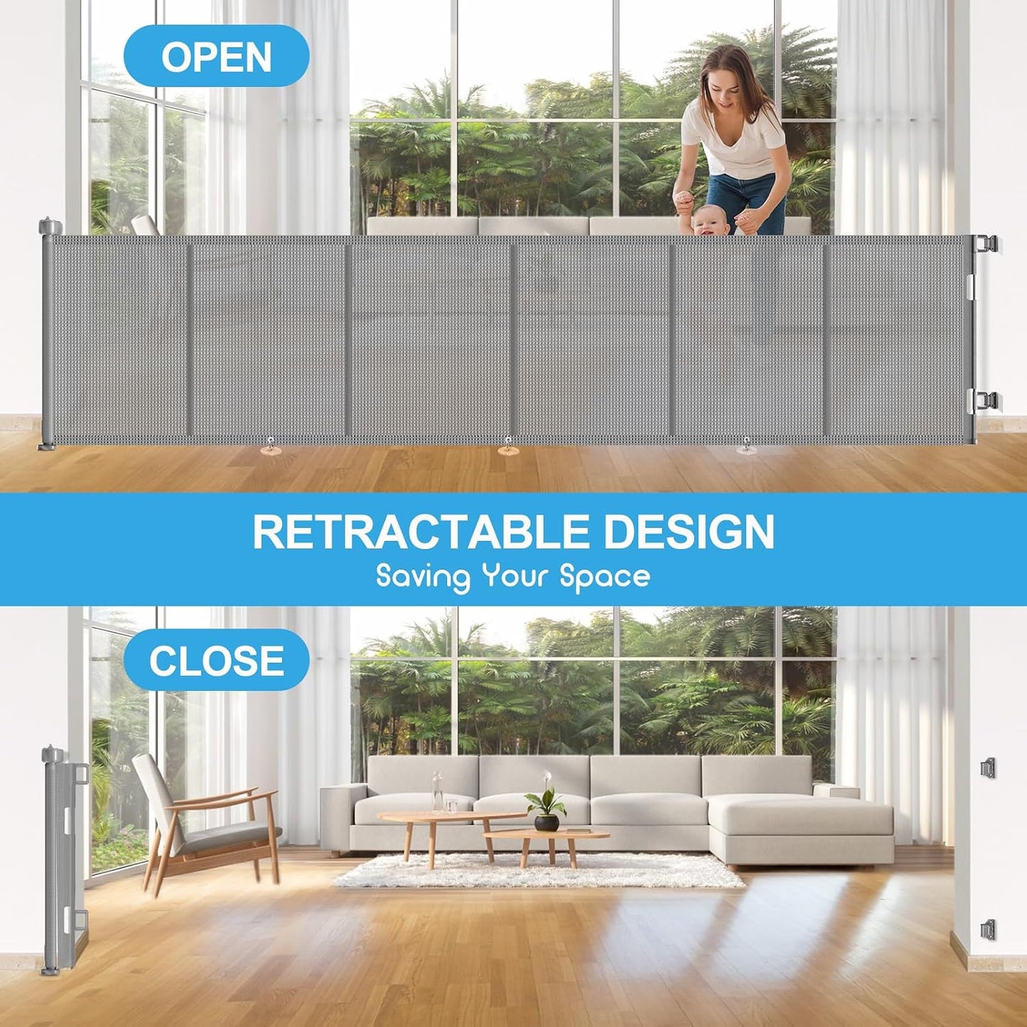 71 inch Retractable Baby Gates, EZIGO Extra Wide Baby Gate for Large Opening Extra Long Mesh Gate for Kids or Pet Dog Gate Child Safety Gate for Stairs Hallways Doorway Indoor Outdoor, Gray