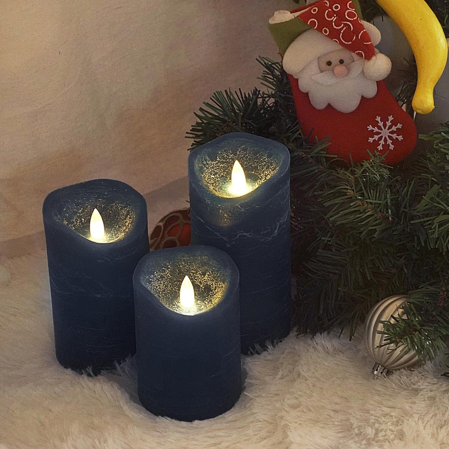 Battery Operated Flameless Candles with Remote Timer Real Wax Realistic Bright Flicker Flickering Electric Electronic LED Pillar Lights Home Wedding Party Decorations Set of 3 Rustic Texture Gray Grey
