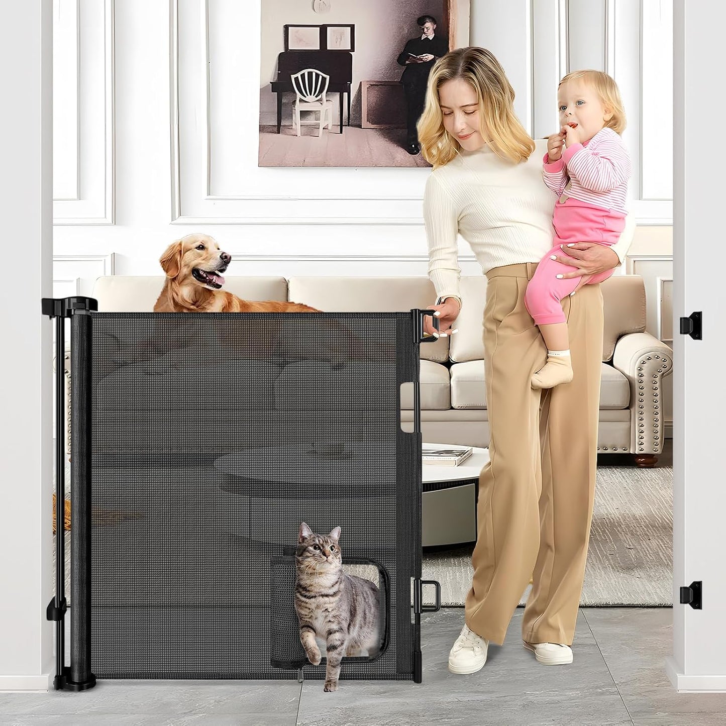 Retractable Baby Gate with Cat Door 55" Wide Retractable Baby Gate for Stairs Mesh Baby Gate with Pet Door Retractable Dog Gate for The House Retractable Pet Gate with Door Safety Gates for Toddlers