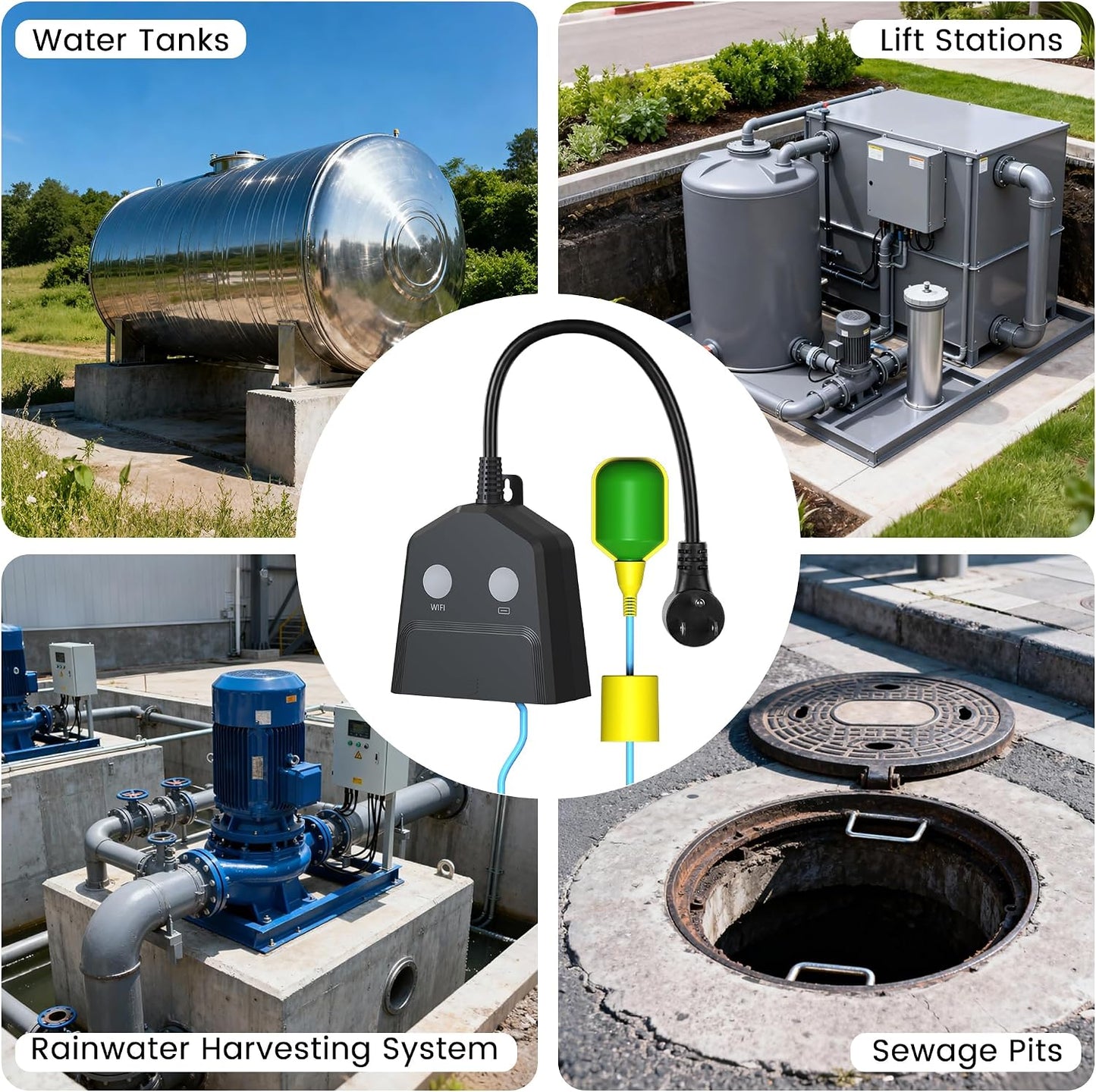 Sump Pump Alarm WiFi, Smart High/Low Water Level Alarm with Alarm-activated Outlet, Free App Alerts,Built-in Backup Battery,110dB Siren,10ft Float Switch for Septic Tank, Sump Pump, Ponds & Water Tank