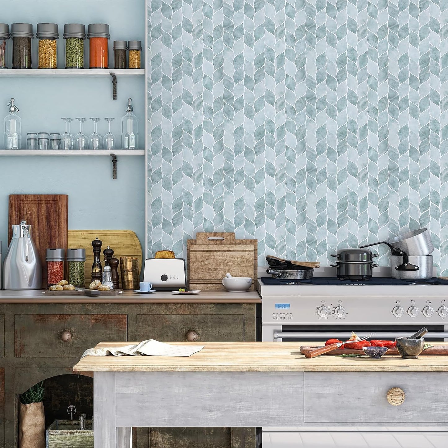 Tilingview 10 Pcs Vinyl Leaf Peel and Stick Tile for Kitchen Backsplash, Premium Self-Adhesive Tiles Plastic Wall Stickers Art Mosaics (Blue Gray)