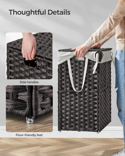 SONGMICS Laundry Hamper with Lid, 23.8 Gallon (90 L) Synthetic Rattan Clothes Laundry Basket with Lid and Handles, Foldable, Removable Liner, Chestnut Brown ULCB051K02