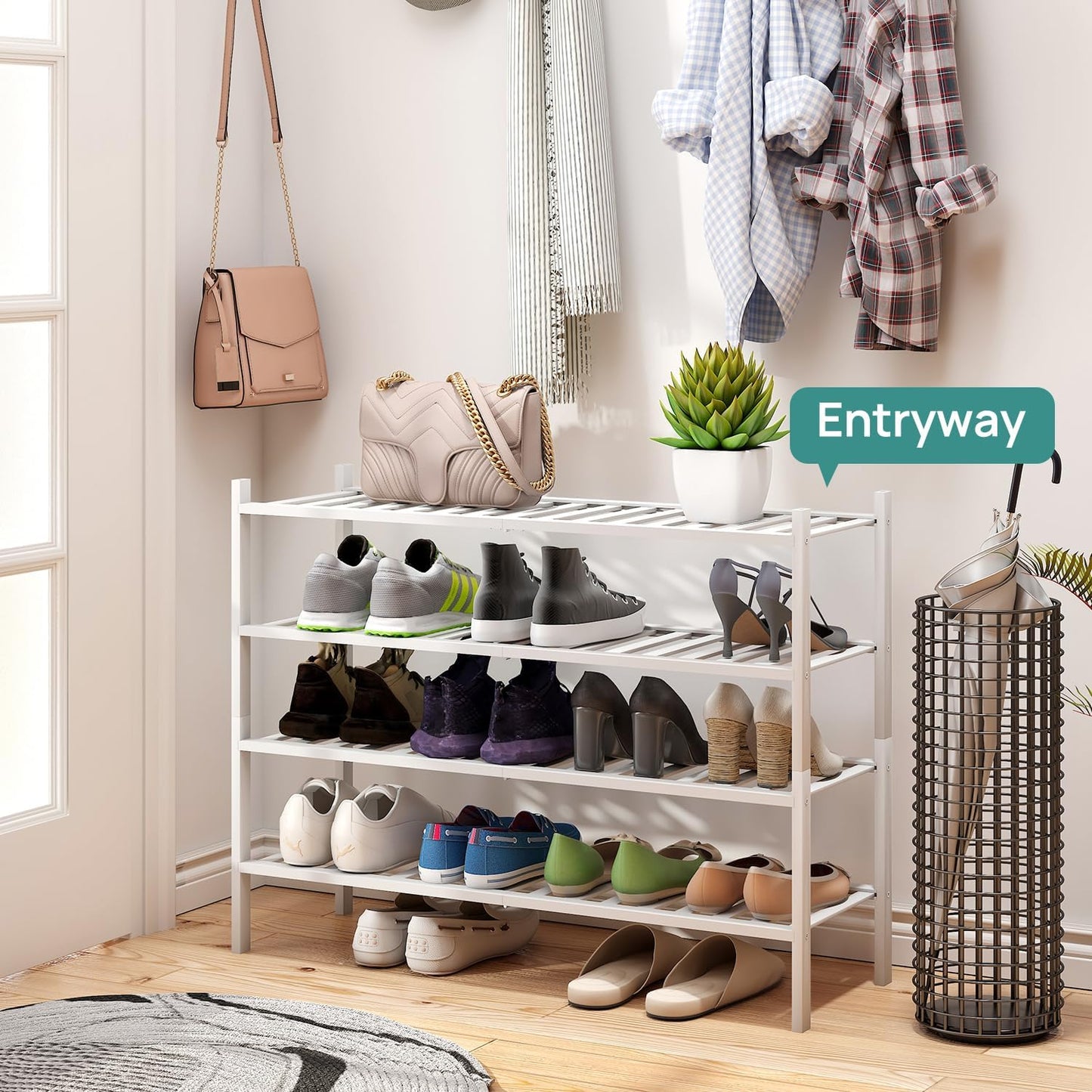 viewcare 3-Tier Black Bamboo Shoe Rack for Entryway, Stackable | Foldable | Natural, Shoe Shelf Storage Organizer for Hallway Closet, Free Standing Shoe Racks for Indoor Outdoor