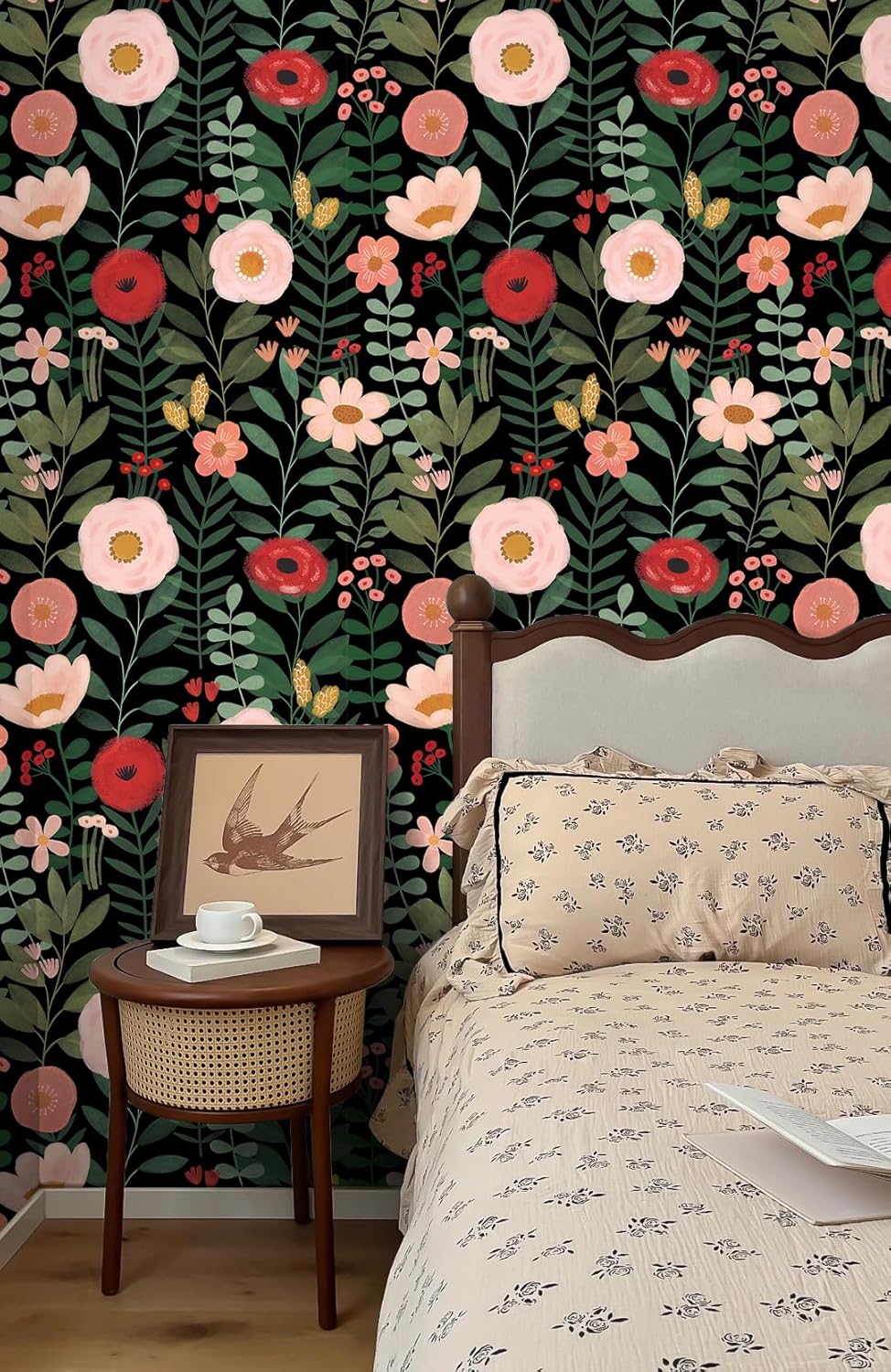 HAOKHOME Floral Peel and Stick Wallpaper Boho Vintage Wall Paper Removable for Bathroom Nursery Beige/Pink/Red Contact Paper 17.3in x 9.8ft