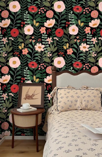 HAOKHOME Floral Peel and Stick Wallpaper Boho Vintage Wall Paper Removable for Bathroom Nursery Beige/Pink/Red Contact Paper 17.3in x 9.8ft