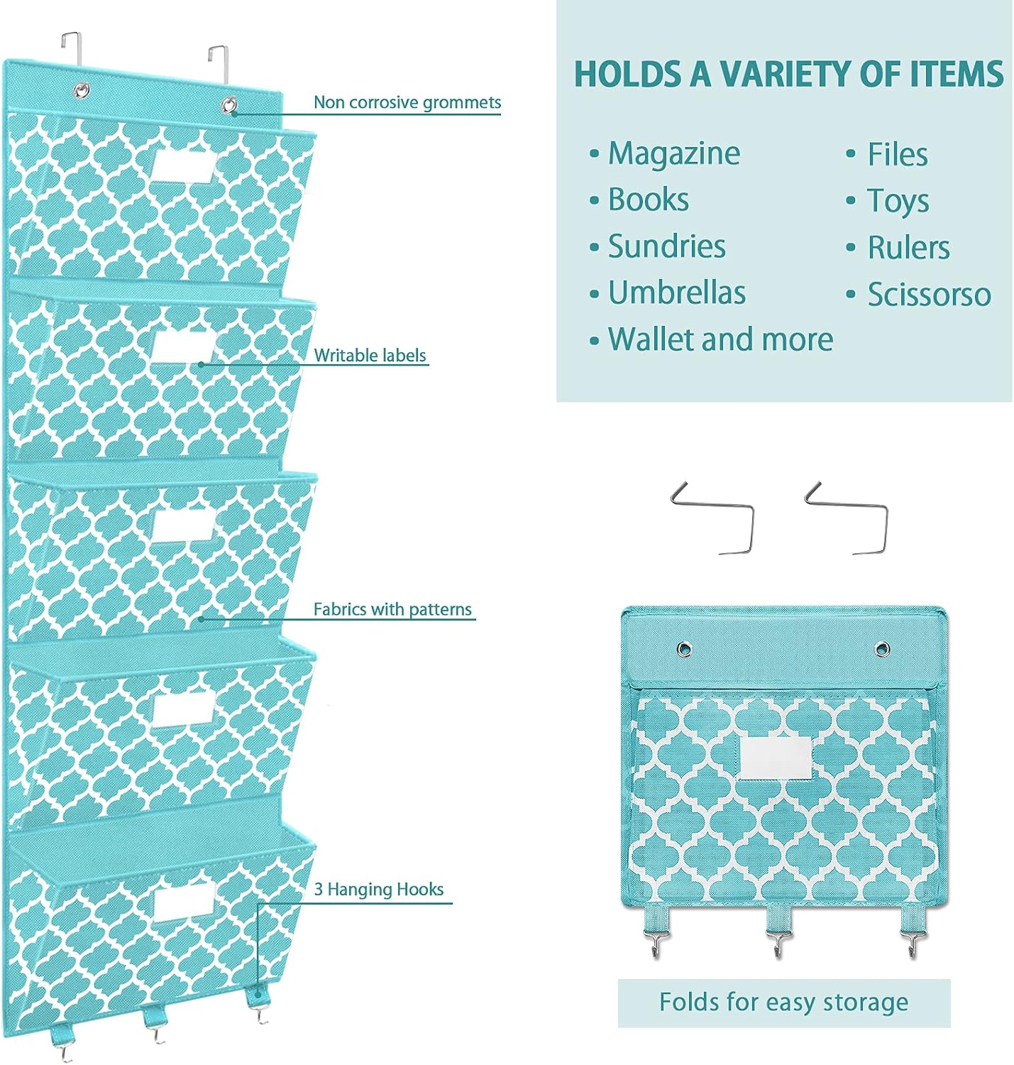 homyfort Over the Door File Organizer, Wall Hanging File Folders with 5 Large Pocket for Mails, Magazines, Back to School Supplies,Office Chart Storage, Paper Organization (Grey)