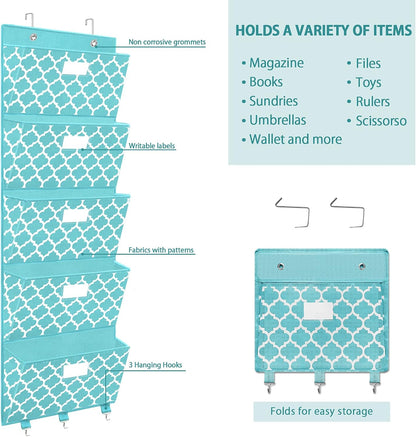 homyfort Over the Door File Organizer, Wall Hanging File Folders with 5 Large Pocket for Mails, Magazines, Back to School Supplies,Office Chart Storage, Paper Organization (Grey)
