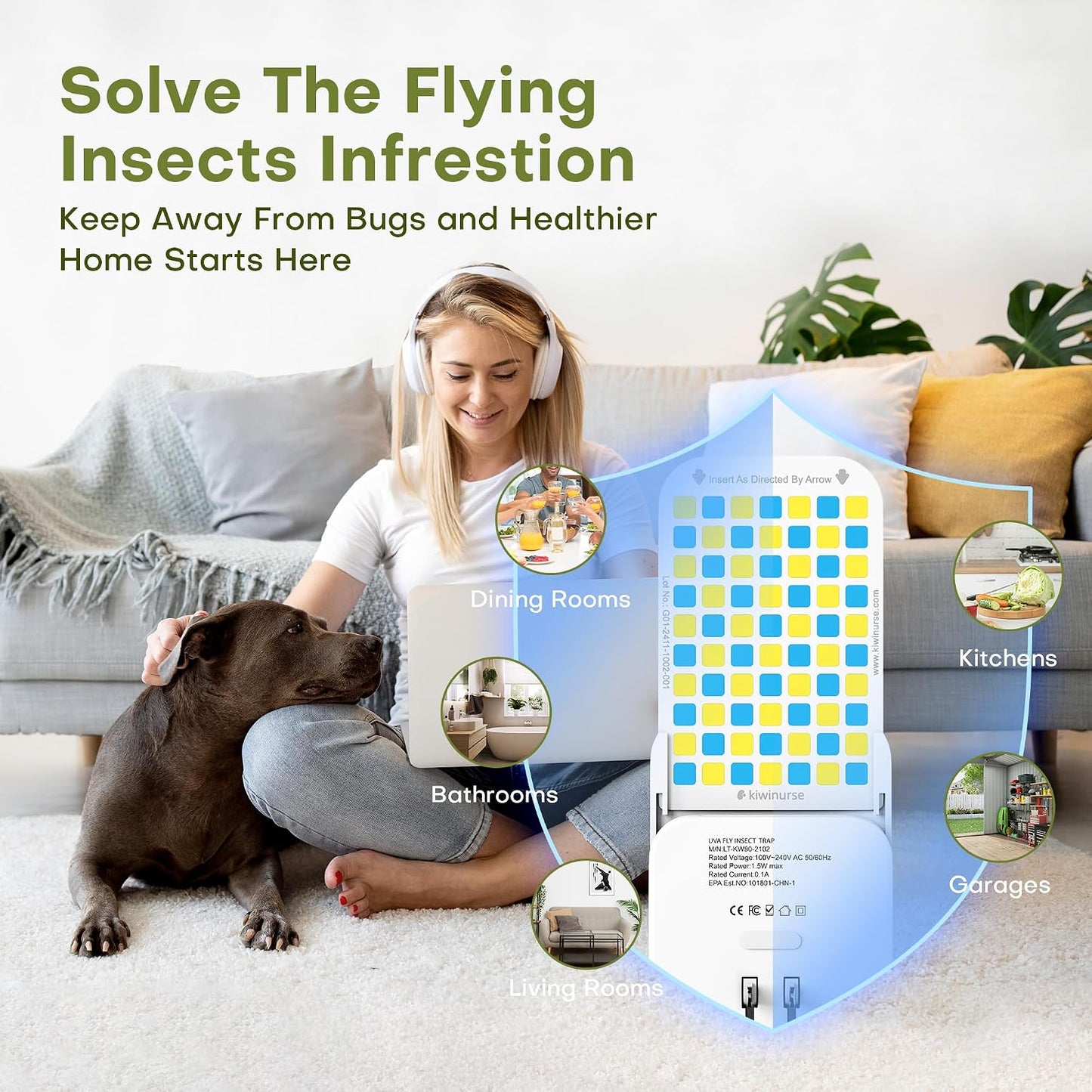 Flying Insect Trap Indoor - Plug-in Fly Catcher and Killers Includes Refills for House Flies, Fruit Flies, Gnats,Cover up to 800 ft², Off-White, 1 Trap + 4 Refills