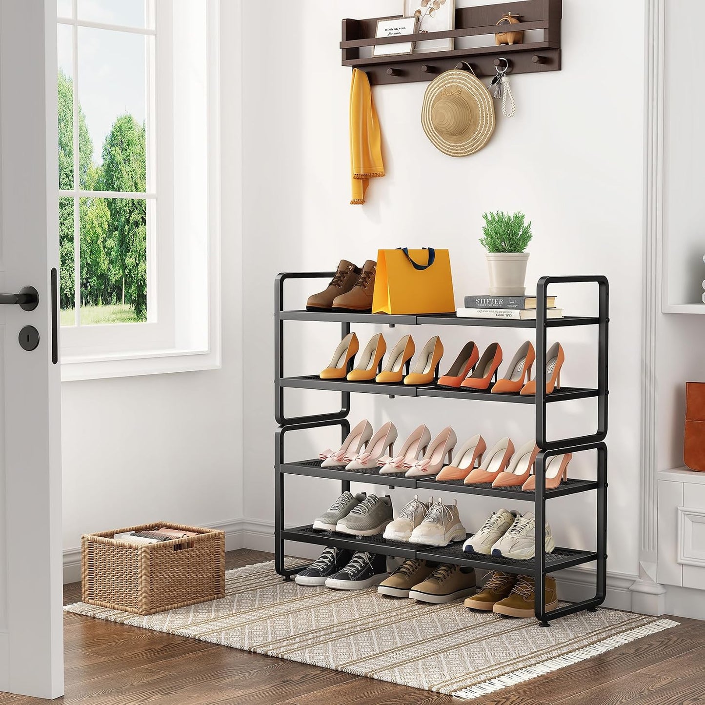 SNTD Shoe Rack - Expandable Shoe Organizer for Closet, Adjustable Metal Shoe Shelf Storage, Stackable Long Shoe Stand Holder for Garage, Entryway, Door Entrance (Black, 2-Tier)
