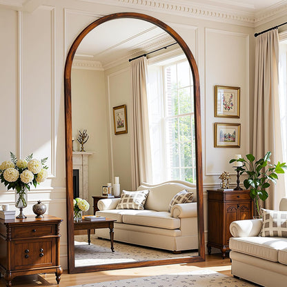 Full Length Mirror 82"×44" Floor Mirror Standing Tall Mirror, Arched Stand up Large Wall Mirrors, Freestanding Full Body Mirrors for Bedroom Living Room Wood Antique Style Walnut