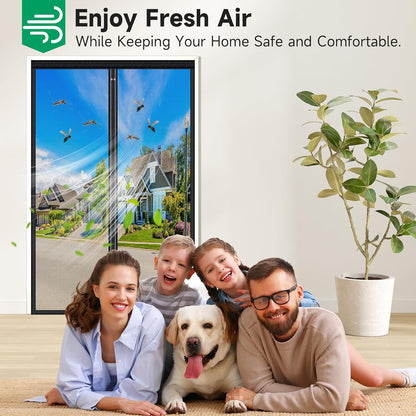HOFUDON Upgraded Magnetic Screen Door Mesh, Full Strip Magnets, Heavy Duty Fiberglass Mesh, Door Screen Magnetic Closure for Single Door Size 32 x 80 Inch, Screen Door Size 35 x 82 Inch Black
