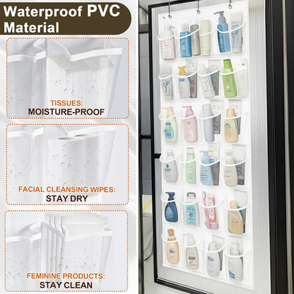 Over the Door Shoe Organizer with 24 Crystal Clear Pockets and Metal Hooks – Heavy Duty Hanging Shoe Storage Rack for Closet, Bathroom, Dorm – Space Saving for Shoes, Accessories, Toys (White)