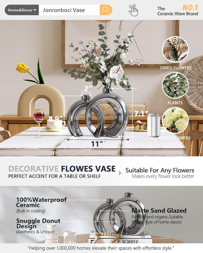 7.2″Hx8.9″H Donut Shape Decorative Vase Set of 2, Ceramic, Modern Minimalism Styles, Flowers or Plant Table Vases for Home Decor Living Room Shelf Entry Console Mantle Dining Centerpiece (Matte White)